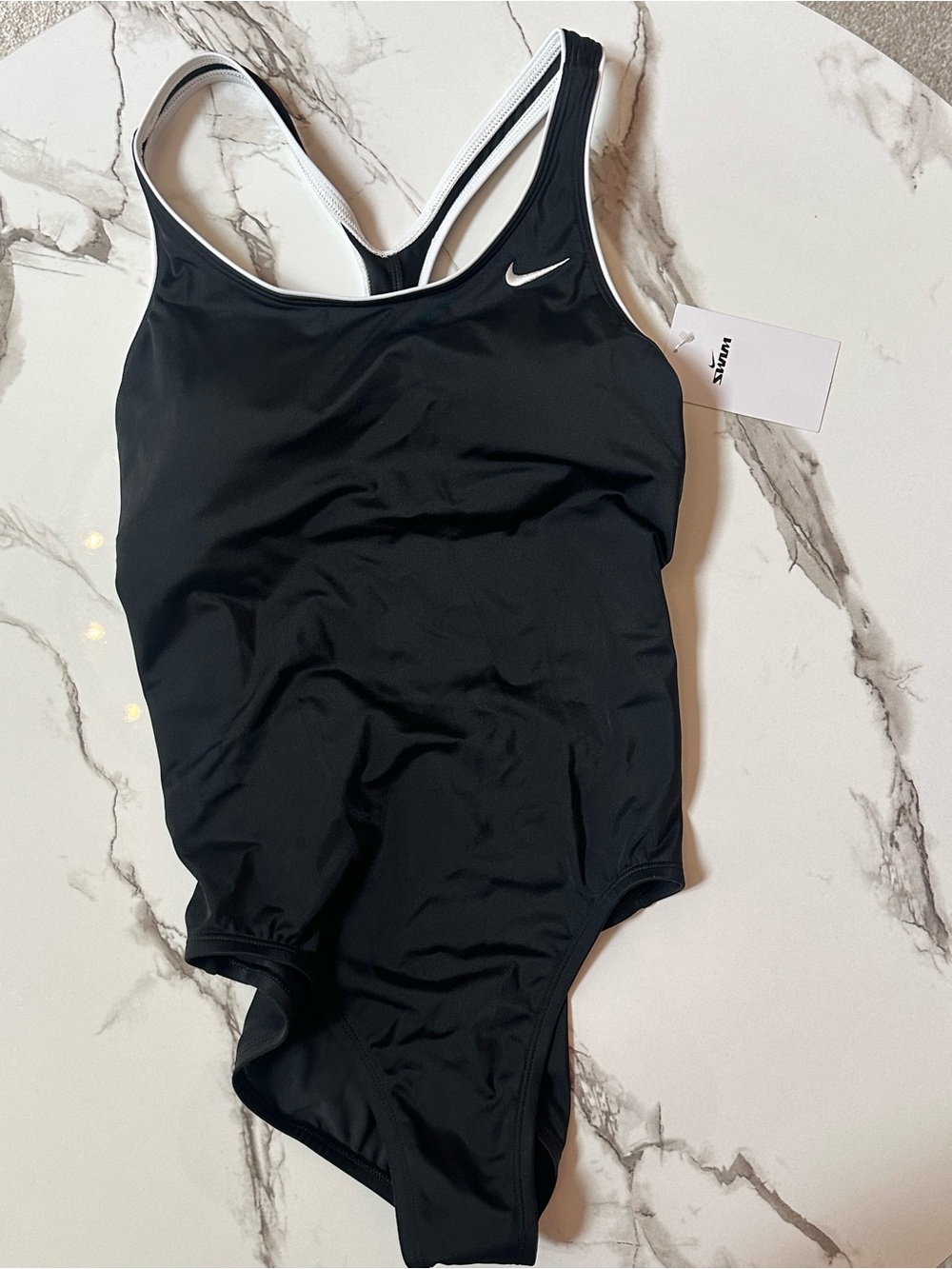 Nike Black One-Piece Swimsuit with White Swoosh and Trim